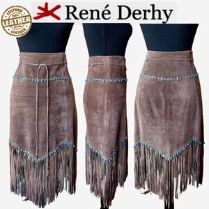 René Derhy Brown Suede Fringe Skirt Turquoise Bead Trim (L)